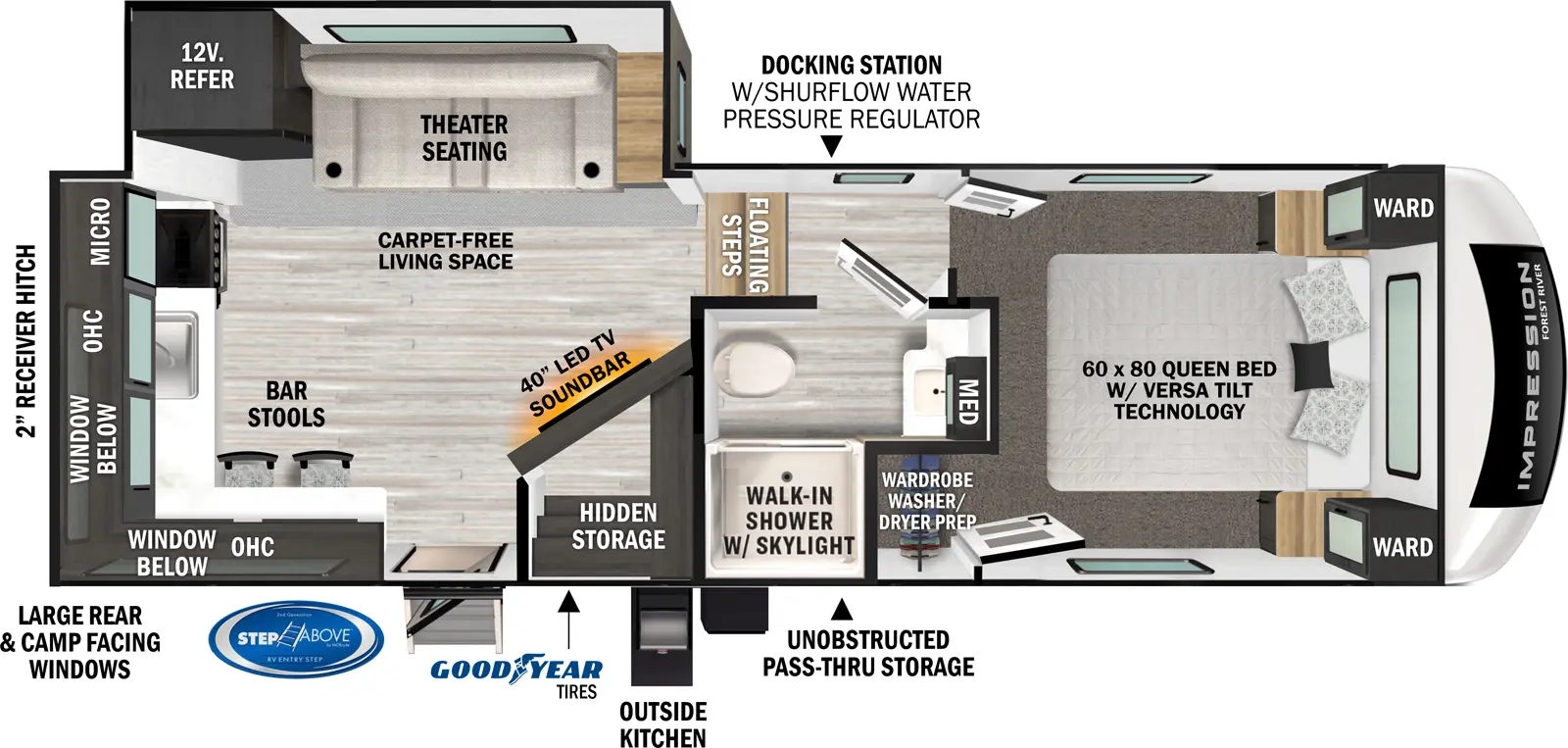 The 235RW has one slideout and one entry. Exterior features unobstructed pass-thru storage, docking station with shurflow water pressure regulator, goodyear tires, MORryde Step Above Entry Steps, large rear and camp facing windows, and two inch receiver hitch. Interior layout front to back: front queen bed with wardrobes on either side, wardrobe with washer/dryer prep; door side aisle bathroom with walk-in shower with skylight and medicine cabinet; floating steps down to living area with carpet-free living space; door side angled entertainment center with TV and soundbar with hidden storage behind; off-door side slideout with theater seating and 12 volt refrigerator; door side entry; door side kitchen counter with barstools and overhead cabinets wrap around to rear with sink, microwave and cooktop/oven.